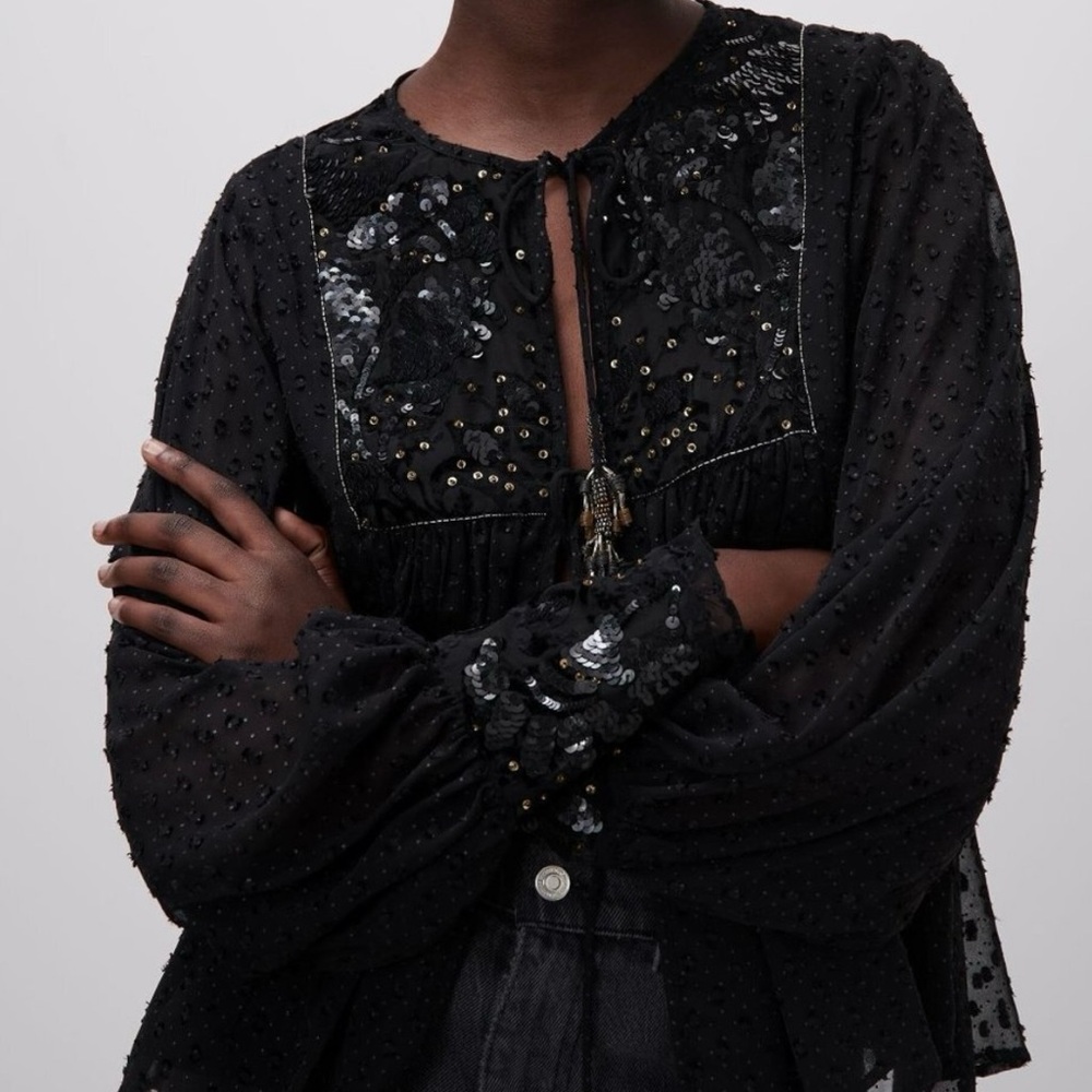 Zara Black Sequin Embellished Blouse - Picture 5 of 16